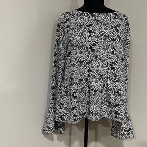 *ASOS* Black x White Floral Peplum Long-Sleeve Blouse Top Size 12